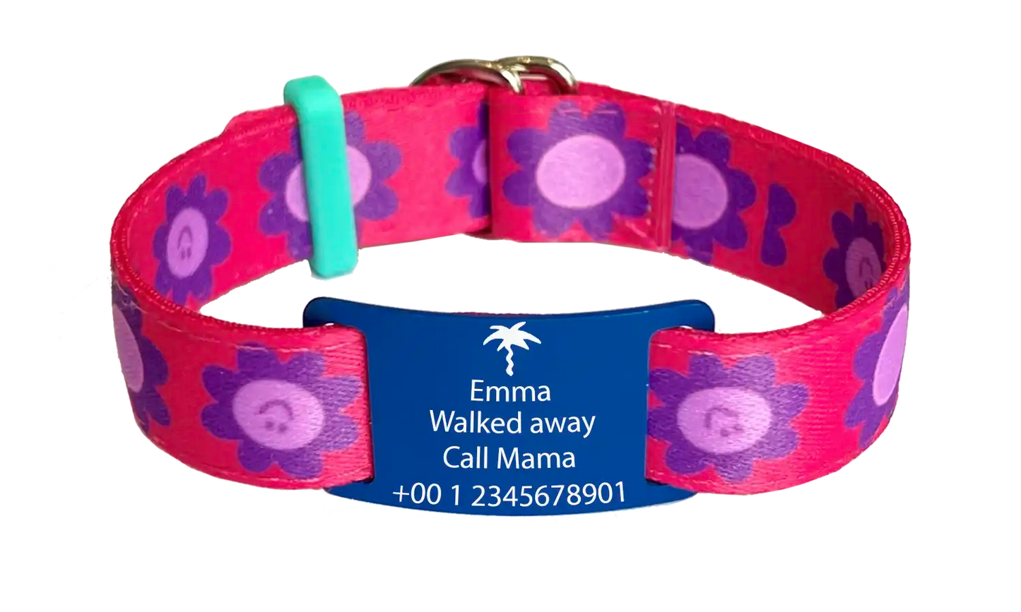 Naambandje kind flowers print met naam en allergie icoon