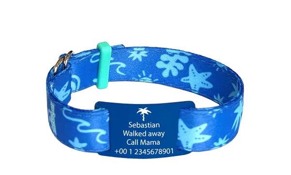 Naambandje kind ocean print met naam, telefoon en ICE