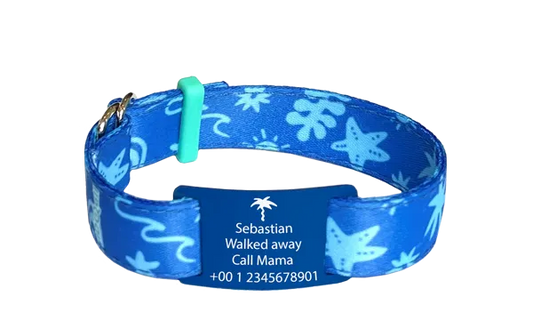 Naambandje kind ocean print met naam, telefoon en ICE