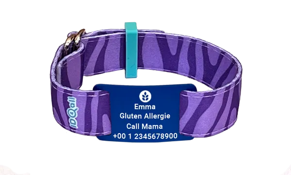 Naambandje kind zebra lila met naam en allergie icoon