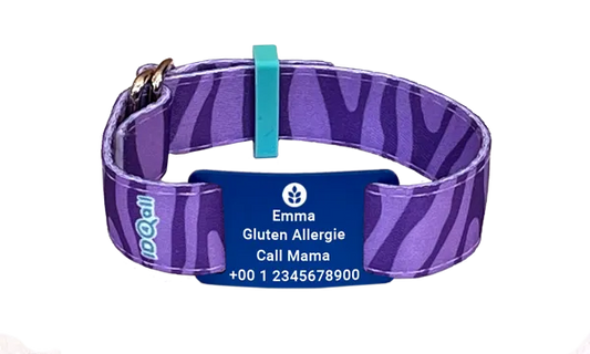 Naambandje kind zebra lila met naam en allergie icoon