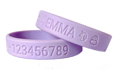 Lila SOS armband kind met naam en telefoonnummer