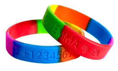 Regenboog SOS armband kind met naam en noodnummer