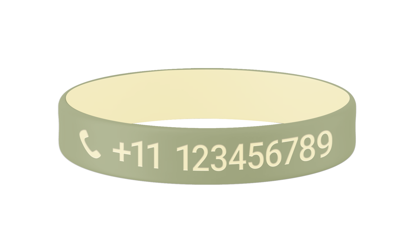 Sage Sand SOS armband kind met naam en telefoonnummer