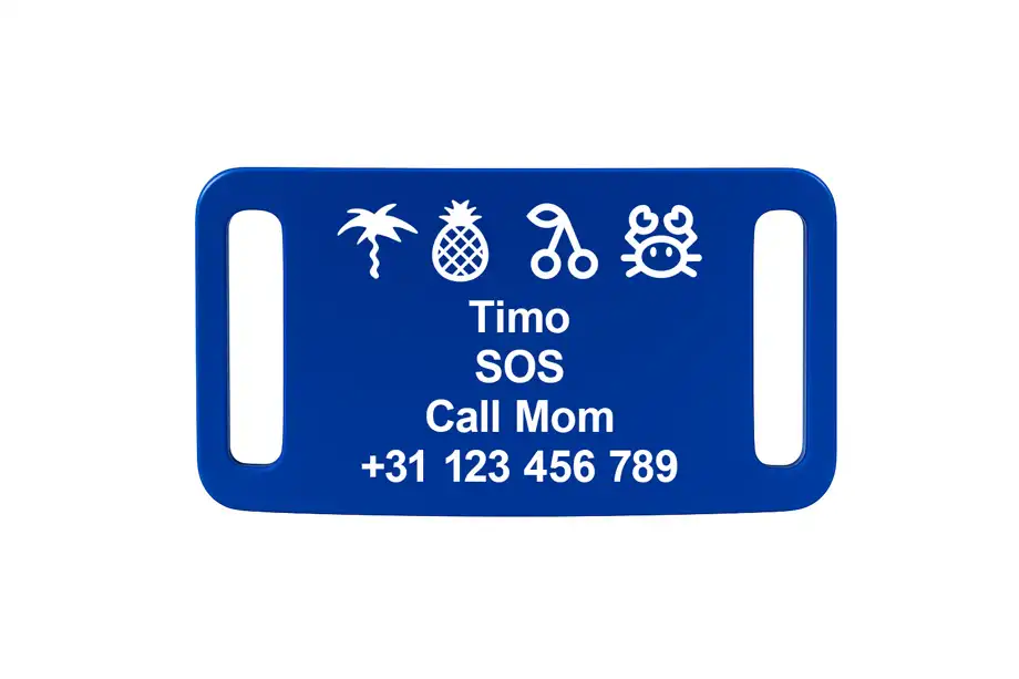 Aluminium naamplaatje SOS kind met naam en telefoon